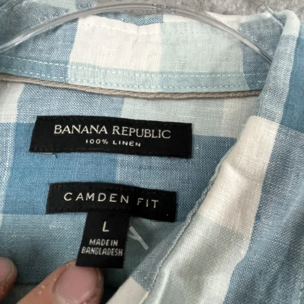 Banana Republic Shirt Mens Large Camden Fit Linen Button Down Blue Plaid Summer